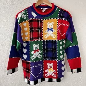 Vintage Basic Editions Knit Sweater Teddy Bears Made in USA Juniors L 14